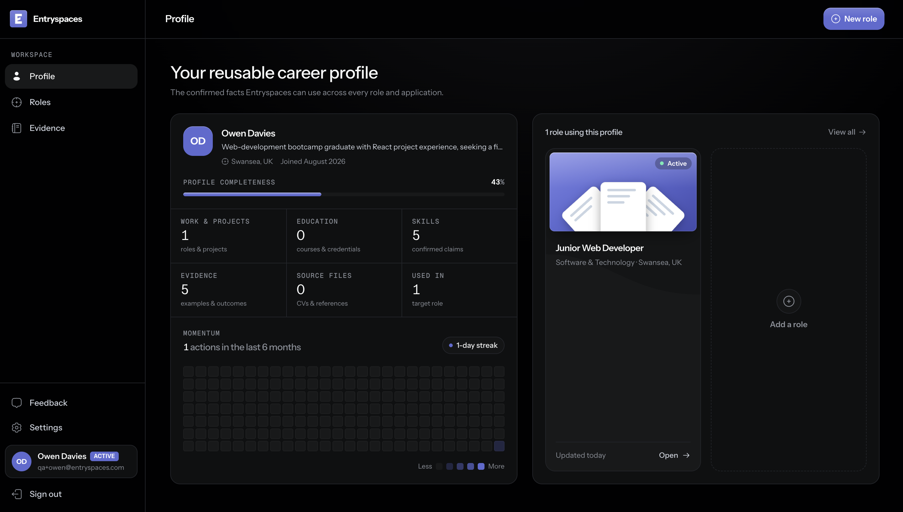 Entryspaces Profile screen